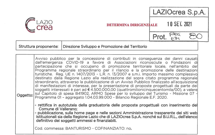 Determina e graduatoria del Bando “Attuazione di interventi a sostegno delle destinazioni turistiche del Lazio”