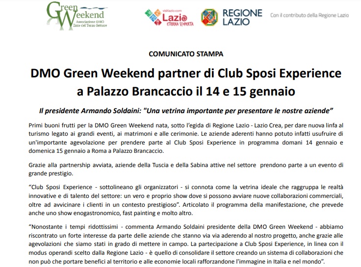 Attività di ufficio stampa per la partecipazione della DMO Green Weekend a Club Sposi Experience